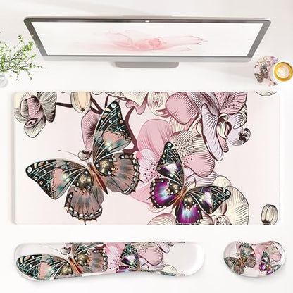 QIYI Leather Desk Mat Set, 4-in-1 Large Mouse Pad with Ergonomic Wrist Rest, Waterproof Desk Pad + Keyboard Wrist Rest + Mouse Wrist Support + Coaster, Non-Slip Office Gaming Accessories, Butterflies - color: Floral Butterflies
