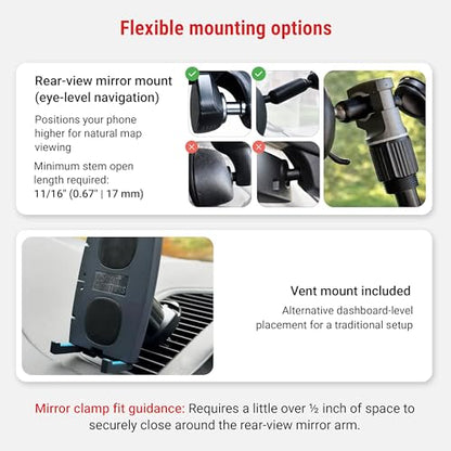 Lounge-IT Car Phone Holder, Magnet+NoSlip Rests, 2-mounts-in-1 Mirror+Vent Mount, Works with iPhone, Samsung Galaxy, Pixel, Motorola, etc, Black