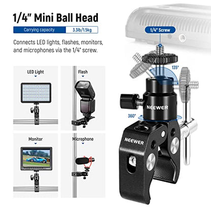 NEEWER Mini Articulated Ball Head with Crab Clip Mic Holder with 1/4" to 5/8" Thread, Compatible with SmallRig Camera Cage and Microphones, Support up to 3.3 lbs - style: MS013