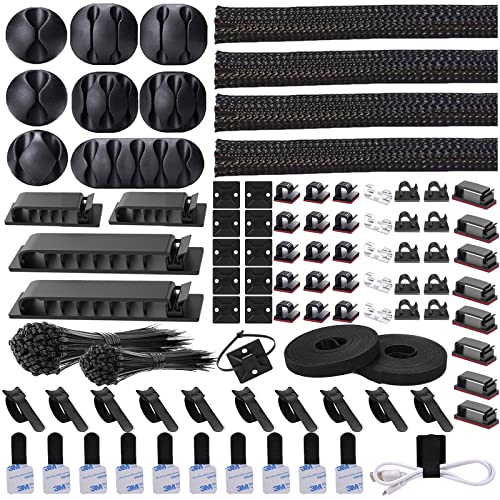 311Pcs Cable Management Organizer Kit 4 Cable Sleeve Split,53Cable Clips 12Cord Clips Holder,22 Cable Ties, 20 Adhesive Wall Cable Tie, 200Fasten Cable Ties for TV Office Home Electronics - size: 311 PCS