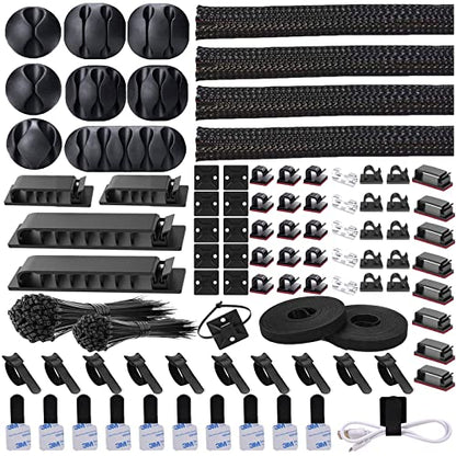 311Pcs Cable Management Organizer Kit 4 Cable Sleeve Split,53Cable Clips 12Cord Clips Holder,22 Cable Ties, 20 Adhesive Wall Cable Tie, 200Fasten Cable Ties for TV Office Home Electronics - size: 311 PCS