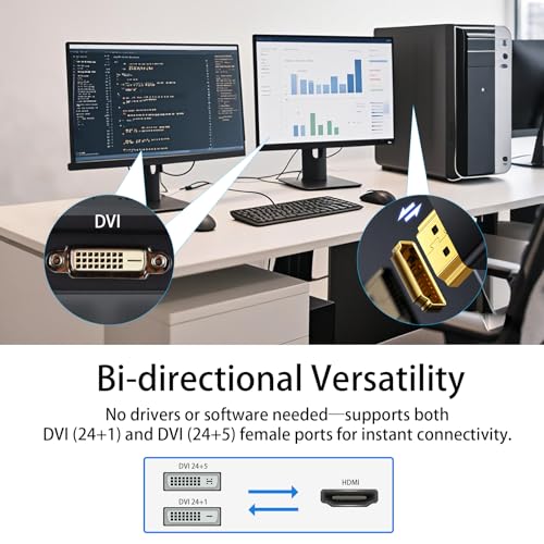 DVI to HDMI Adapter, 3-Pack Bi-Directional DVI(24+1) Male to HDMI Female with Gold-Plated Cord，Support 1080P for Computer, Monitor, Projector, TV, PS3/4/5 Nintendo Switch