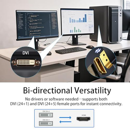 DVI to HDMI Adapter, 3-Pack Bi-Directional DVI(24+1) Male to HDMI Female with Gold-Plated Cord，Support 1080P for Computer, Monitor, Projector, TV, PS3/4/5 Nintendo Switch