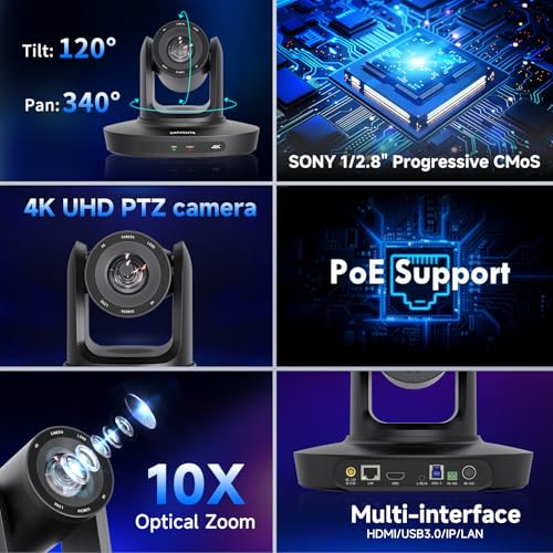 PTZ Camera 4K UHD with 10X Optical Zoom,Video Conference Room Camera,Live Streaming for Church Worship,USB HDMI IP POE Work with Vmix,Zoom,OBS,YouTube,Facebook Livestream - style: 10X ZOOM