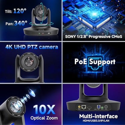 PTZ Camera 4K UHD with 10X Optical Zoom,Video Conference Room Camera,Live Streaming for Church Worship,USB HDMI IP POE Work with Vmix,Zoom,OBS,YouTube,Facebook Livestream - style: 10X ZOOM