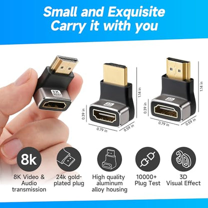 8K 90 Degree HDMI 2.1 Adapter 2 Pack, (Up and Down) Right Angle HDMI Male to Female HDMI L-Shaped Connector Extender Support 8K@60Hz,4K@120Hz for Google Chrome Cast, Roku Stick, Wall TV, Laptop and PC - color: (Up & Down) 90 Degree HDMI Male to Female, si