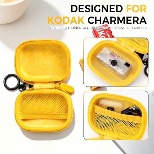 Small Hard Carrying Case for Kodak CHARMERA Keychain Digital Camera, Waterproof Protective Storage Pouch for Mini Keychain Camera Accessories, with Mesh Pocket & Sturdy Metal Hook (Black)
