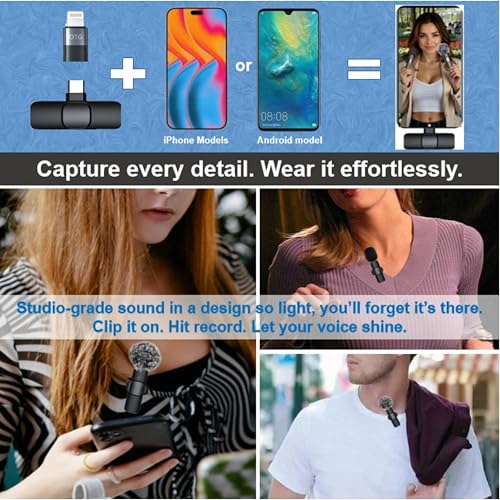 2-Pack Wireless Lavalier Microphone for iPhone & Android, Plug & Play No App/Bluetooth, Noise Reduction Dual Lapel Mic with Lightning/USB-C Receiver, 6H Battery Charging Case for Podcast TikTok
