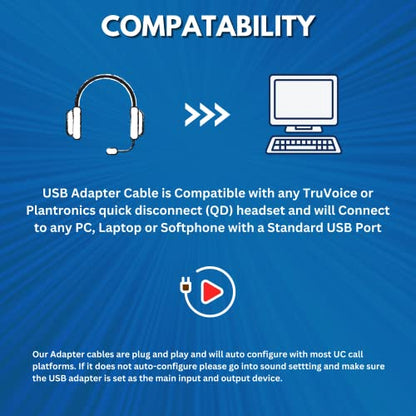 USB to QD Adapter Cable Compatible with any Plantronics, Poly or TruVoice Headset with a Quick Disconnect (QD) - Includes in-Line Volume Control and Mute Functionality