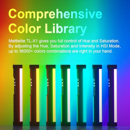 Mettlelite TLX1 RGB Tube Light LED Full Color Portable Video Light with APP Control 2800K-8000K CRI96 TLCI97 360° RGB CCT HSI Mode 10 Customizable Light Effects Rechargeable Battery Magnet Design