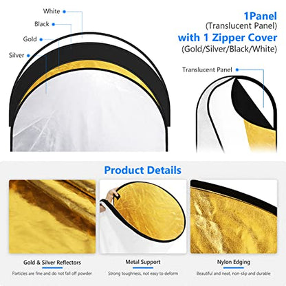 NEEWER 24"x36"/60x90cm Light Reflectors for Photography, Portable 5 in 1 Collapsible Multi Disc with Bag - Translucent, Silver, Gold, Black, White Diffuser for Studio and Outdoor Lighting - size: 24" x 36"