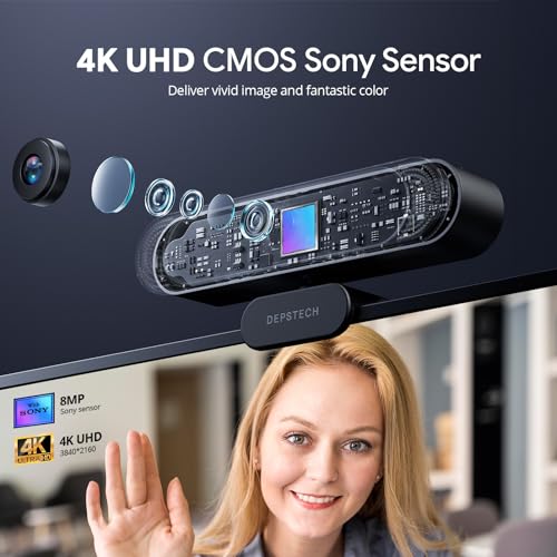 DEPSTECH 4K Webcam, Ultra HD 1/2.55'' Sony Sensor, 3X Digital Zoom, Dual Noise-Canceling Microphones, Remote Control, Auto Focus, Streaming Webcam for PC, Mac, Laptop, Video Call, Zoom, Skype, Teams