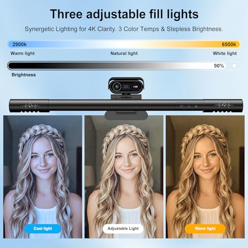 4K Webcam for PC with Microphone&Light,4-in-1 Web Cam with Speaker,Dual Noise-Canceling Mics, Privacy Shutter Computer Camera HDR Auto Light Correction USB Plug-and-Play for Zoom, Teams, Twitch