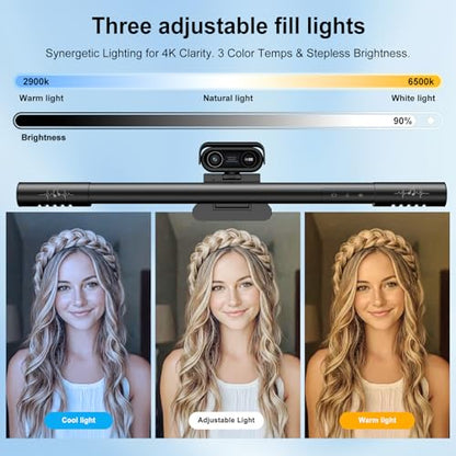 4K Webcam for PC with Microphone&Light,4-in-1 Web Cam with Speaker,Dual Noise-Canceling Mics, Privacy Shutter Computer Camera HDR Auto Light Correction USB Plug-and-Play for Zoom, Teams, Twitch