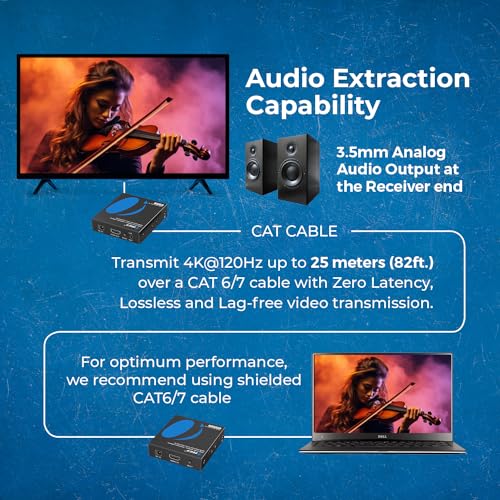 OREI 4K @ 120hz HDMI Over Ethernet Extender Balun - UltraHD 4:4:4 Over Single CAT6/7 Cable with HDR, & IR Control, RS-232 - Up to 100 Ft with CAT6/7 Audio L/R Out (UHD-EX120HZ-K)