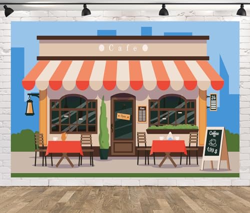 Street Cafe Shop Backdrop 15x8ft Fabric French Style Canopy City Retro Coffee Storefront Photography Background for Cafe Themed Birthday Party Decorations Girls Women Tea Party Banner - size: 15x8FT