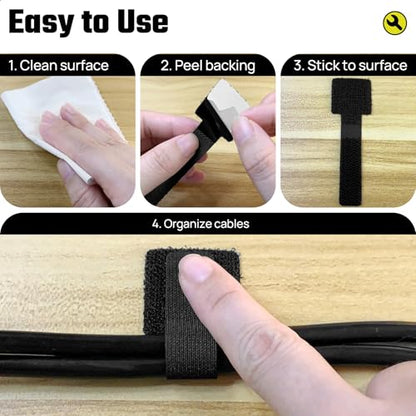 Matenf Cable Management Kit, 40 PCS, Black | Self-Adhesive, Adjustable, Hook & Loop, Cable Organizers, Cord Hider, for Under Desk, Workstations and Computer Desks