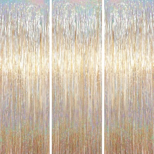 Voircoloria 3.3 x 6.6 ft Foil Fringe Backdrop Curtains, Tinsel Streamers Party Decorations, Fringe Backdrop for Birthday, Baby Shower, Gender Reveal, Graduation (3, Champagne) - color: Champagne