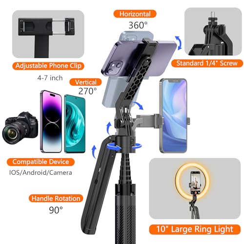 Auto Face Tracking Self Stick Tripod for iPhone with 10" Ring Light Hands-Free 360°Adjustable 70.9 Inch Smart Phone Stand with Remote for Content Creator Vlog Video Recording - size: Tracking Tripod with 10" Ring Light