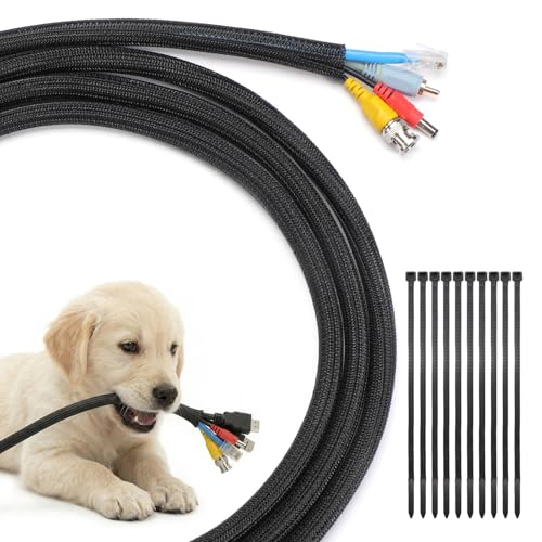 Yecaye 10ft - 1/2 inch Cable Sleeve Cord Protector, Split Braided Wire Loom Tubing for TV Computer USB Cable Organizer, Cable Management Cord Protectors from Pets no Chew, Black (with 10 Zip Ties) - color: Black, size: 1/2"-10ft