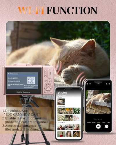 4K Digital Camera for Beginners & Teens, Compact Vlogging Camera with 180° Flip Screen, Autofocus, Easy-to-Use for Travel & YouTube, 18X Zoom, WiFi, 2 Batteries, 32GB Card - color: Deep Pink