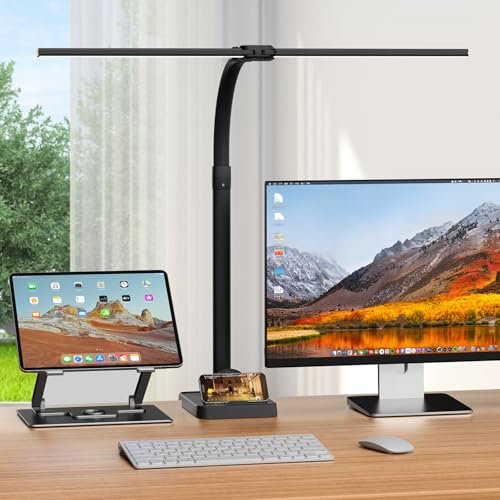 LED Desk Lamp with Base - Bright Dimmable Computer Lamp with Phone Holder, 24W Bendable Desk Light for Monitor Screen, Eye-Caring Tall Desktop Light for Task Home Office Work, Black, Dual Head - style: Base Version - Black