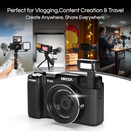Minolta 64MP 4K60FPS VLOG Camera Kit – Digital Autofocus Camcorder with Tripod, Remote, Mic, LED Light, 3-inch LCD Screen, Time-Lapse, Slow Motion, Wide Angle Lens, 32GB Card, USB