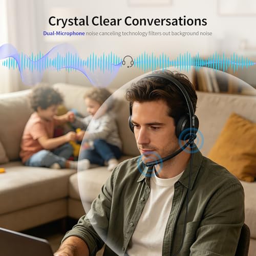 TOALLIN Wired Headset with Mic, Stereo USB Headphones with Noise-Canceling Microphone, Volume Control, One-Key Mute & Answer Calls, Works with PC, Laptop, Mac, Phone, Call Center and Office