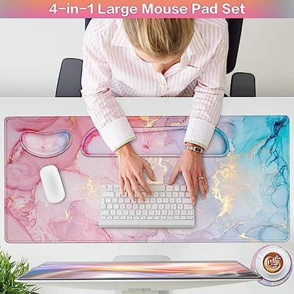 Mouse Pad Pink, Mouse Pad with Wrist Rest, 4-in-1 XXL Extended Large Desk Mat +Mousepad with Gel Wrist Support+Keyboard Wrist Rest+Coaster,Ergonomic Desk Pad for Study Gaming Home Office Computer - color: Pink Blue Marble