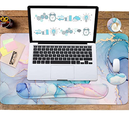Large Mouse Pad Desk Dad, 4-in-1 Keyboard Wrist Rest Pad & Wrist Support Mouse pad Set, Extended Desk Pad Waterproof Desk Mat for Home Office Study Game-Blue Marble - color: Blue