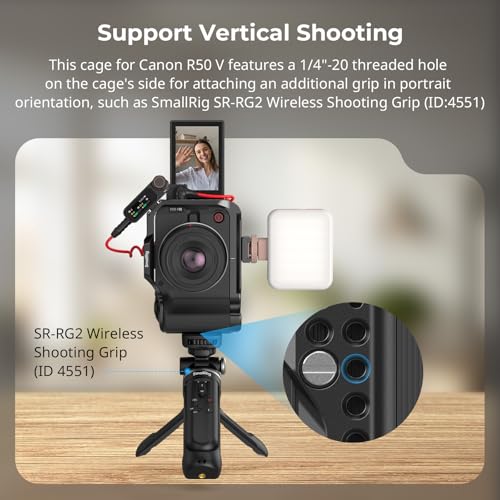 SmallRig R50 V Camera Cage for Canon R50V, Built-in Ergonomic Silicone Grip, QR Plate for Arca, 1/4"-20 Threaded Hole, 3/8"-16 Holes for ARRI, Cold Shoe, QD Sockets, Vertical Shooting(Black)-5427 - color: Black