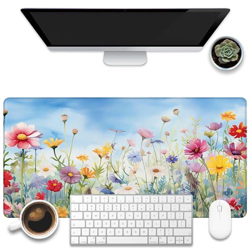 Large Gaming Mouse Pad, Colorful Wildflowers in Field Desk Mat, Watercolor Flowers Desk Pad, 31.5"x15.7" Extended Big Computer Keyboard Mouse Pad with Non-Slip Base and Stitched Edge - color: Colorful Wildflowers in Field