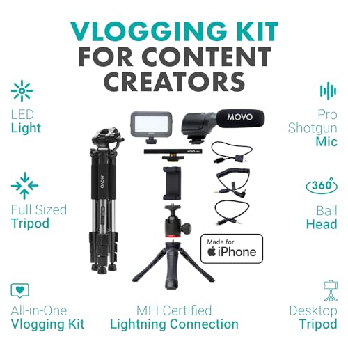 Movo iVlogger Vlogging Kit for iPhone with Fullsize Tripod - Lightning Compatible YouTube Starter Kit for Content Creators - Accessories: Tripods, Phone Mount, LED Light and Shotgun Mic - size: Lightning