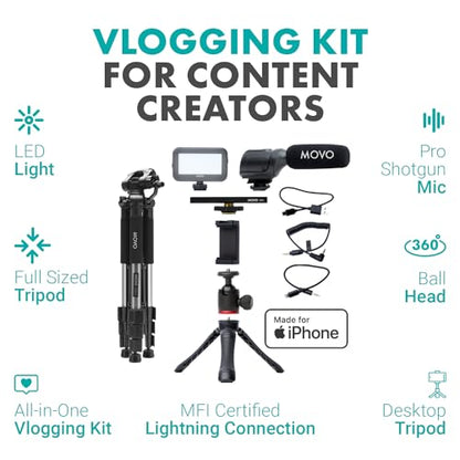 Movo iVlogger Vlogging Kit for iPhone with Fullsize Tripod - Lightning Compatible YouTube Starter Kit for Content Creators - Accessories: Tripods, Phone Mount, LED Light and Shotgun Mic - size: Lightning