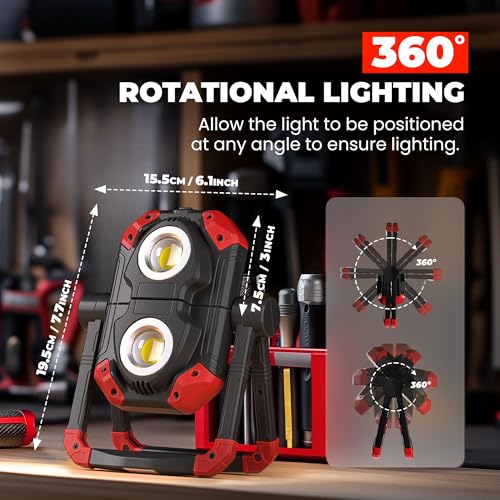 YZONI W6 LED Work Light Rechargeable, 2 COB 2500LM Folding Portable Flood Light with Magnetic Base and 360° Rotation Stand, Spotlights for Camping, Car Repairing, Emergency and Job Site Lighting - color: Dark Red