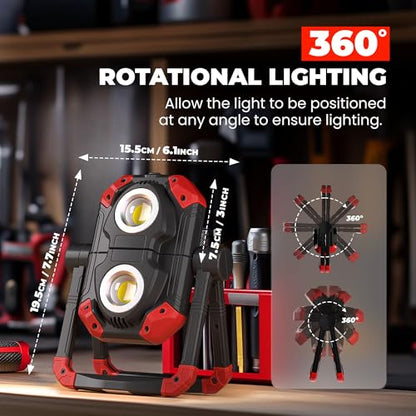 YZONI W6 LED Work Light Rechargeable, 2 COB 2500LM Folding Portable Flood Light with Magnetic Base and 360° Rotation Stand, Spotlights for Camping, Car Repairing, Emergency and Job Site Lighting - color: Dark Red