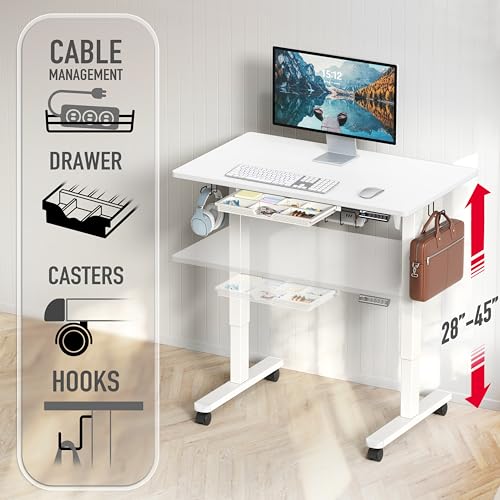 SHW 40-Inch Mobile Electric Height Adjustable Sit to Stand Desk with Drawer, Hanging Hooks and Cable Management, White - color: White