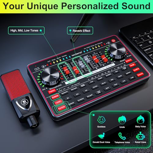 Podcast Microphone Bundle with Live Sound Board Audio Mixer, Podcast Equipment Bundle with 3.5mm Condenser Microphone for Pc/Phone Live Streaming Singing Gaming, Soundboard with Voice Changer, Denoise