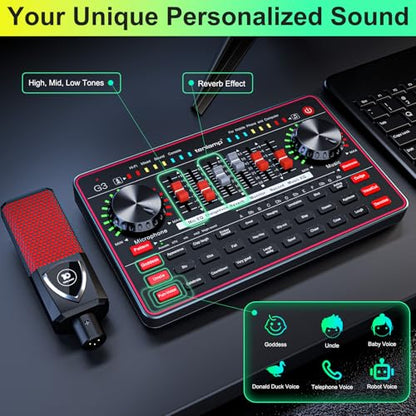Podcast Microphone Bundle with Live Sound Board Audio Mixer, Podcast Equipment Bundle with 3.5mm Condenser Microphone for Pc/Phone Live Streaming Singing Gaming, Soundboard with Voice Changer, Denoise