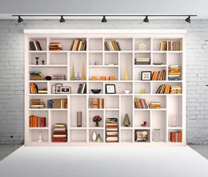 BELECO 8x6ft Fabric Modern White Bookshelf Photography Backdrop Books Ornaments Background Webcam Background Poster Home Office Zoom Meeting Video Conferencing Backdrop Kids Adults Portrait Shoot - size: 8x6FT