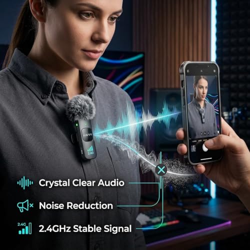 KAVVY Wireless Microphone for iPhone, Dual Mini Lavalier Mic, Clip On Wireless Mic for Video Recording, Podcast, TikTok & YouTube, Portable for Android, Camera & PC, Noise Reduction