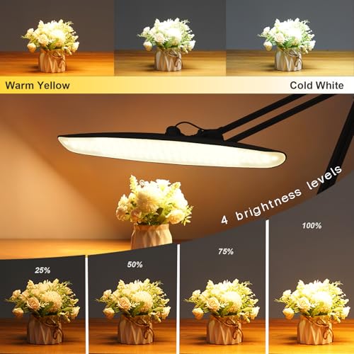 20 Inch LED Desk Lamp with Clamp, 20W 2200 Lumens, 4 Bightness Levels 3 Color Temperatures, Eye-Caring Working Reading Lamp (Black, CCT) - size: BLACK-CCT-Non Protective