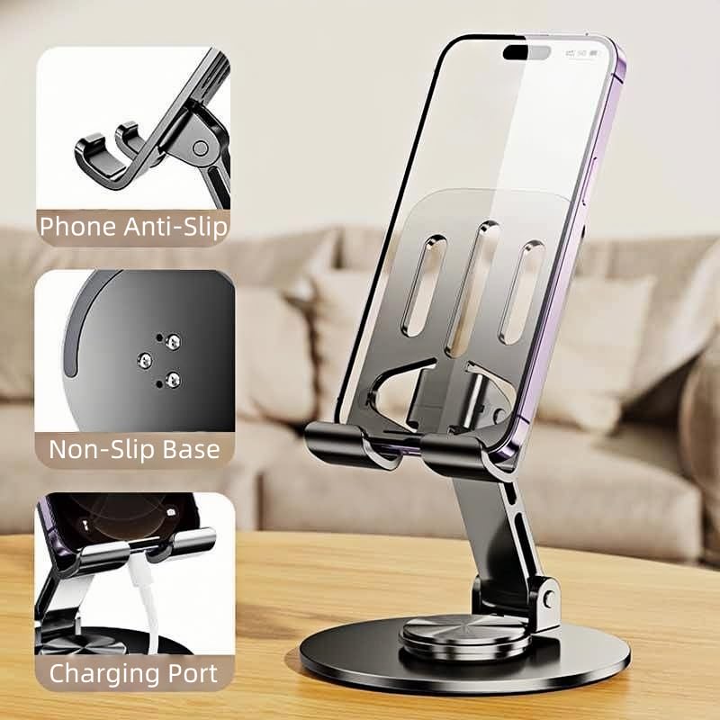 Phone Holder Metal 360° Degree Rotatable Foldable Adjustable Stand for Desktop Live Streaming Video Calls Hands-Free Use, Grey - color: Grey