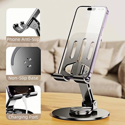 Phone Holder Metal 360° Degree Rotatable Foldable Adjustable Stand for Desktop Live Streaming Video Calls Hands-Free Use, Grey - color: Grey