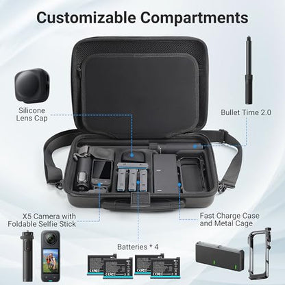 Carrying Case for Insta360 X5, Large Capacity Waterproof Travel Bag Protective Case Organizer for Insta 360 X5 Accessories, for Metal Cage, Charging Hub, Bullet Time 2.0, Foldable Selfie Stick