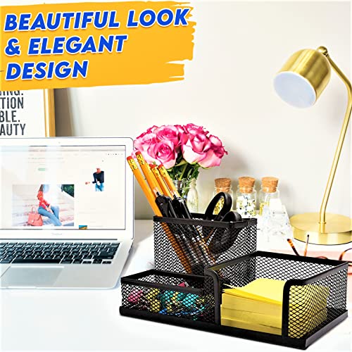 2 Pack 3 in 1 Mesh Pen Holder for Desk, 3 Compartments Pencil Holder Desk Organizer Caddy with Sticky Notes Holder Easy Storage Suitable for Home, Office and School