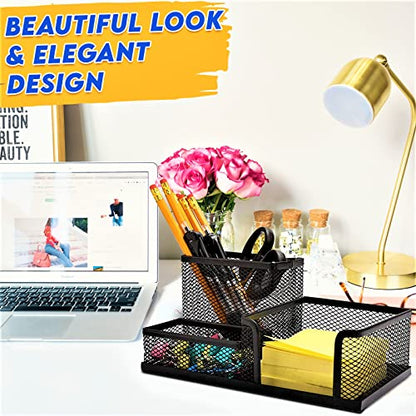 2 Pack 3 in 1 Mesh Pen Holder for Desk, 3 Compartments Pencil Holder Desk Organizer Caddy with Sticky Notes Holder Easy Storage Suitable for Home, Office and School