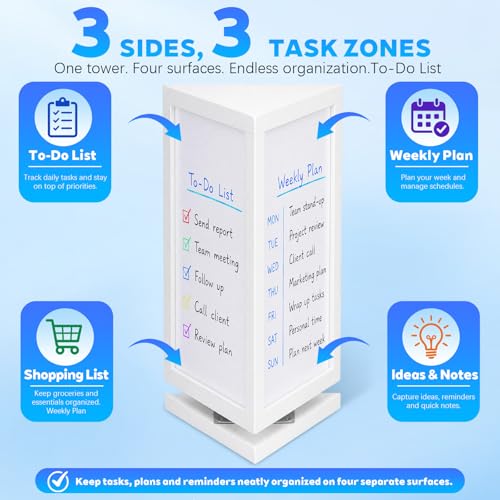 Lincia 3-sided Rotating Desktop Whiteboard Tower, Total 29.4" x 15.3" Dry Erase Board Planner with 8 Markers and Eraser, Multi-surface Memo Board for To-do Lists, Weekly Planning, Office, Home, School - style: 3-sided
