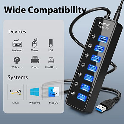 vantisan USB Hub 3.0 Powered, 7 Ports USB Data Hub Splitter with One Smart Charging Port and 5V/4A Powered Adapter and ON/Off Switches for MacBook, Mac Pro/Mini, iMac, Surface Pro Laptop/PC - color: black