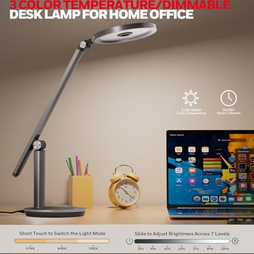 Honeywell Desk Lamp for Home Office, H6 Sunturalux™ Eye-Caring Led Desk Light, 800LM Dimmable Desk Lamp with Timer, Touch Control Tall Desk Reading Light, Table Lamp for Circle Webcam, Study, Bedroom - color: Gray